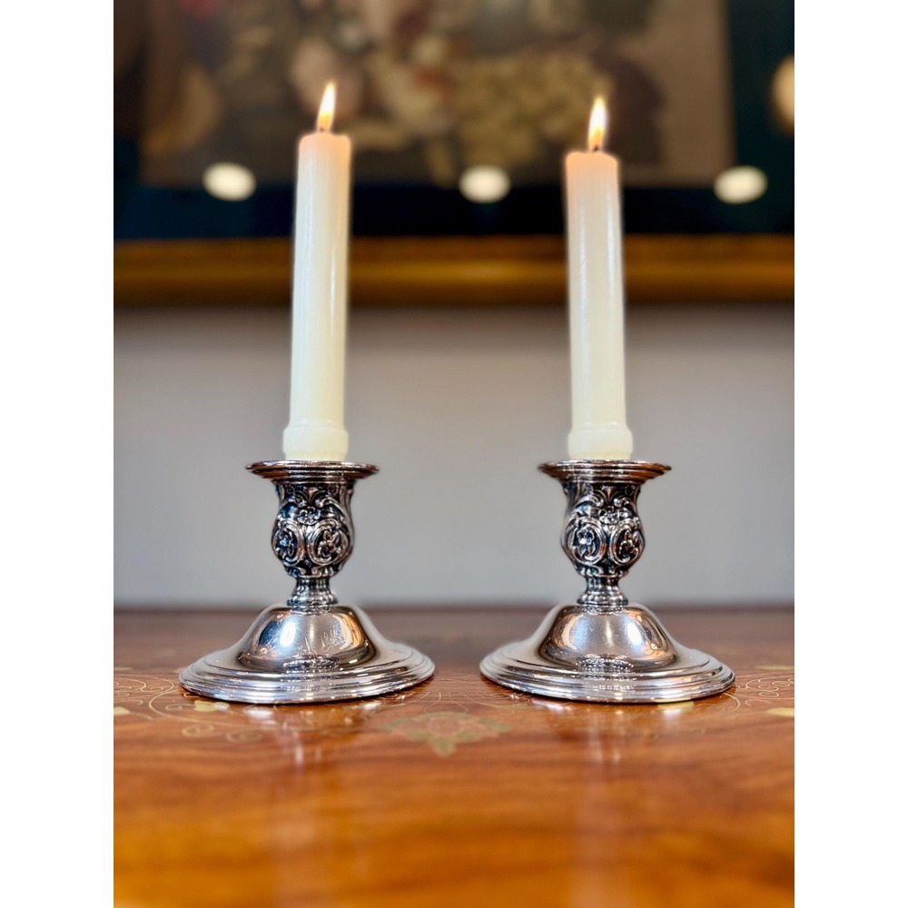 Vintage Wm Rogers Silverplate Candlestick Holders Pair • Victorian Rose Pattern